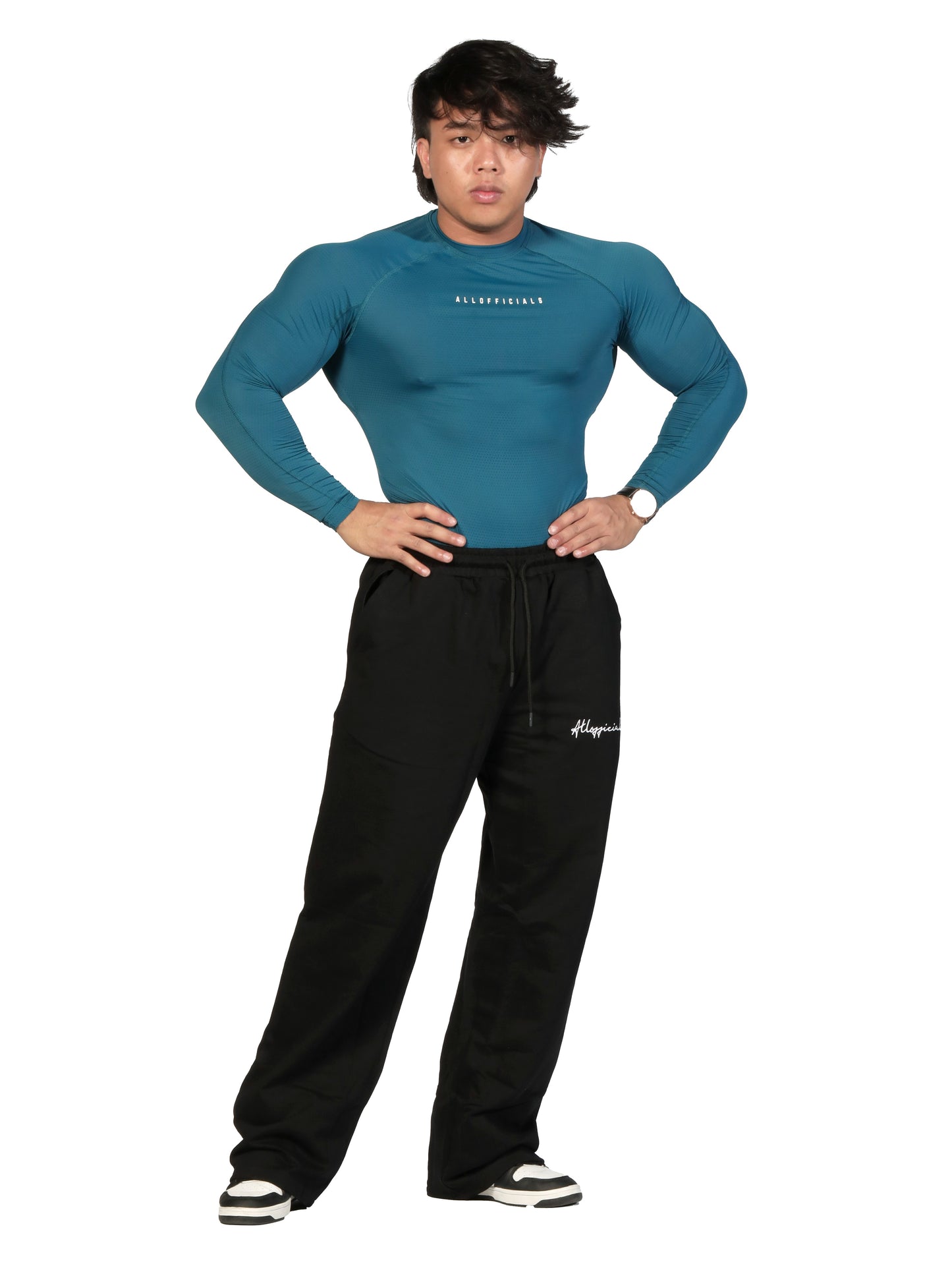 N1 Compression Long Sleeve T-Shirt White Front View, Male Model Standing