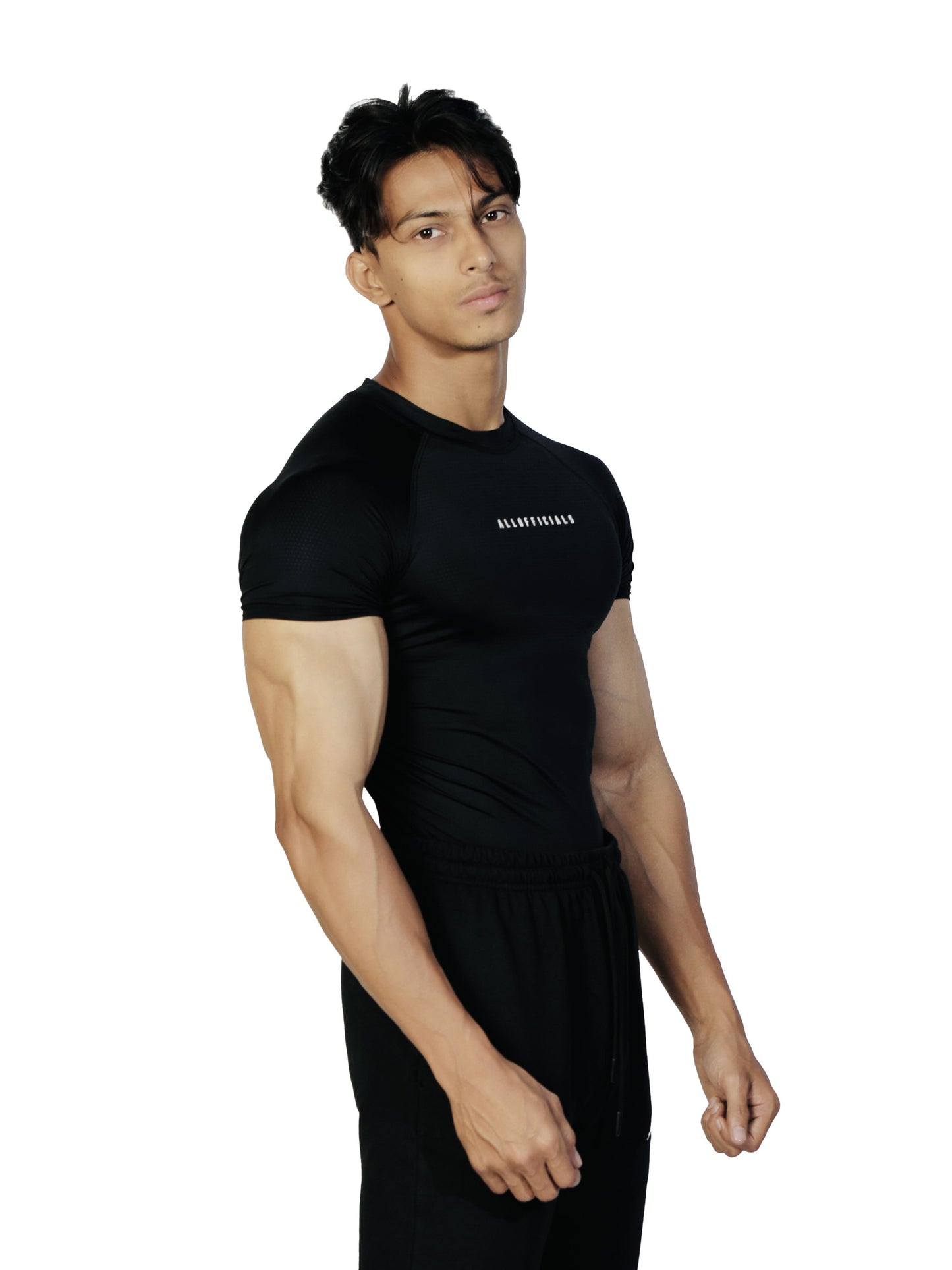 N1 Compression T-Shirt Short Sleeve Black Three Quarter Front View