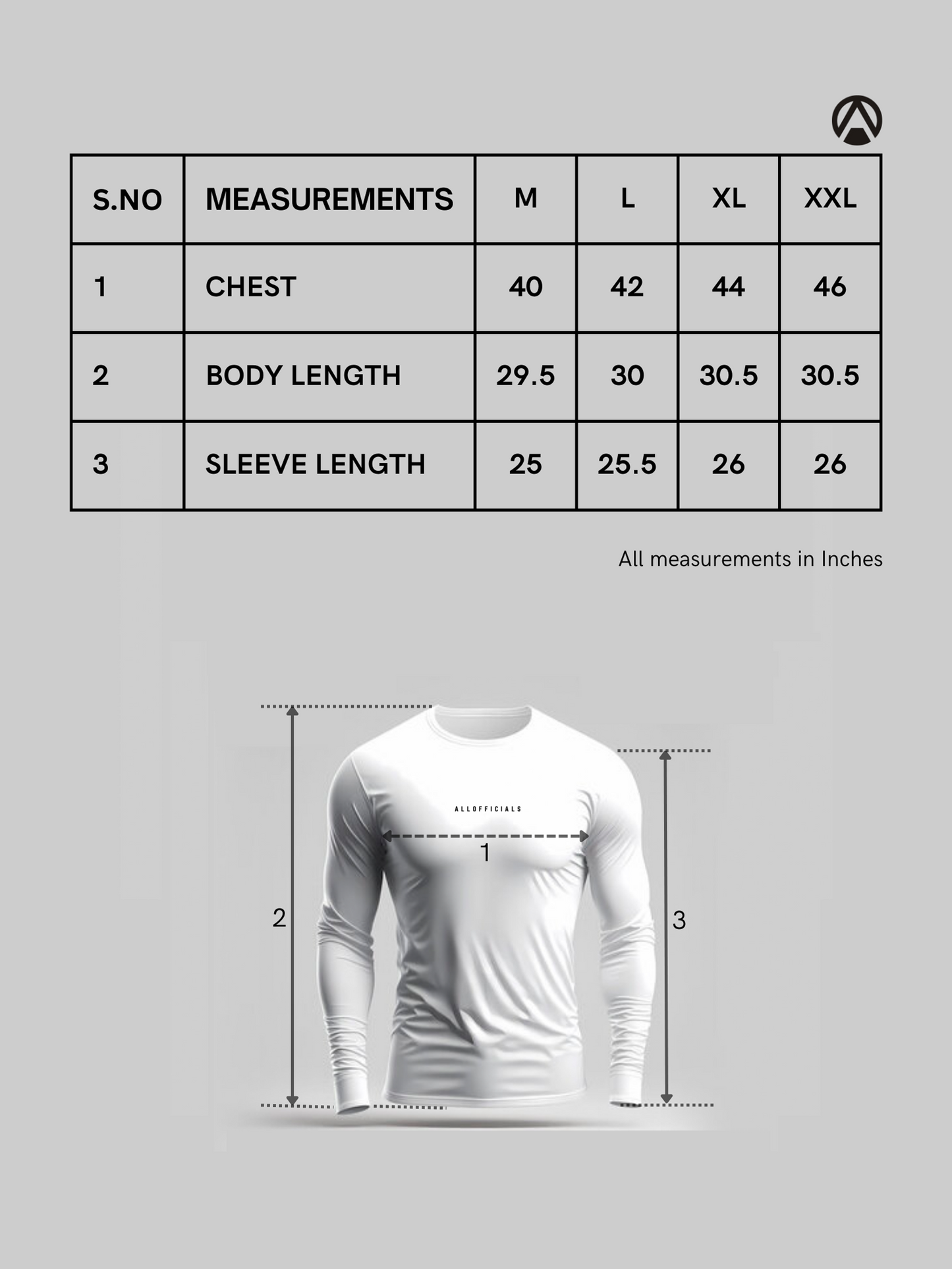 Ultra Light Tee Full Sleeve Light Grey size guide