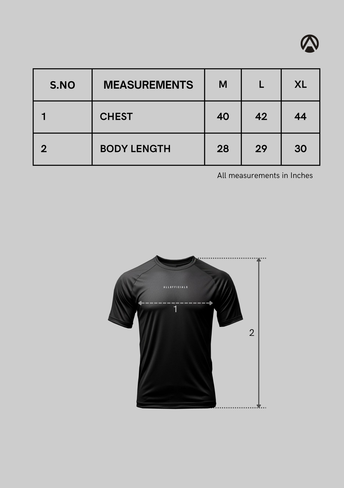 Size Chart for Tactical Tee Half Sleeve