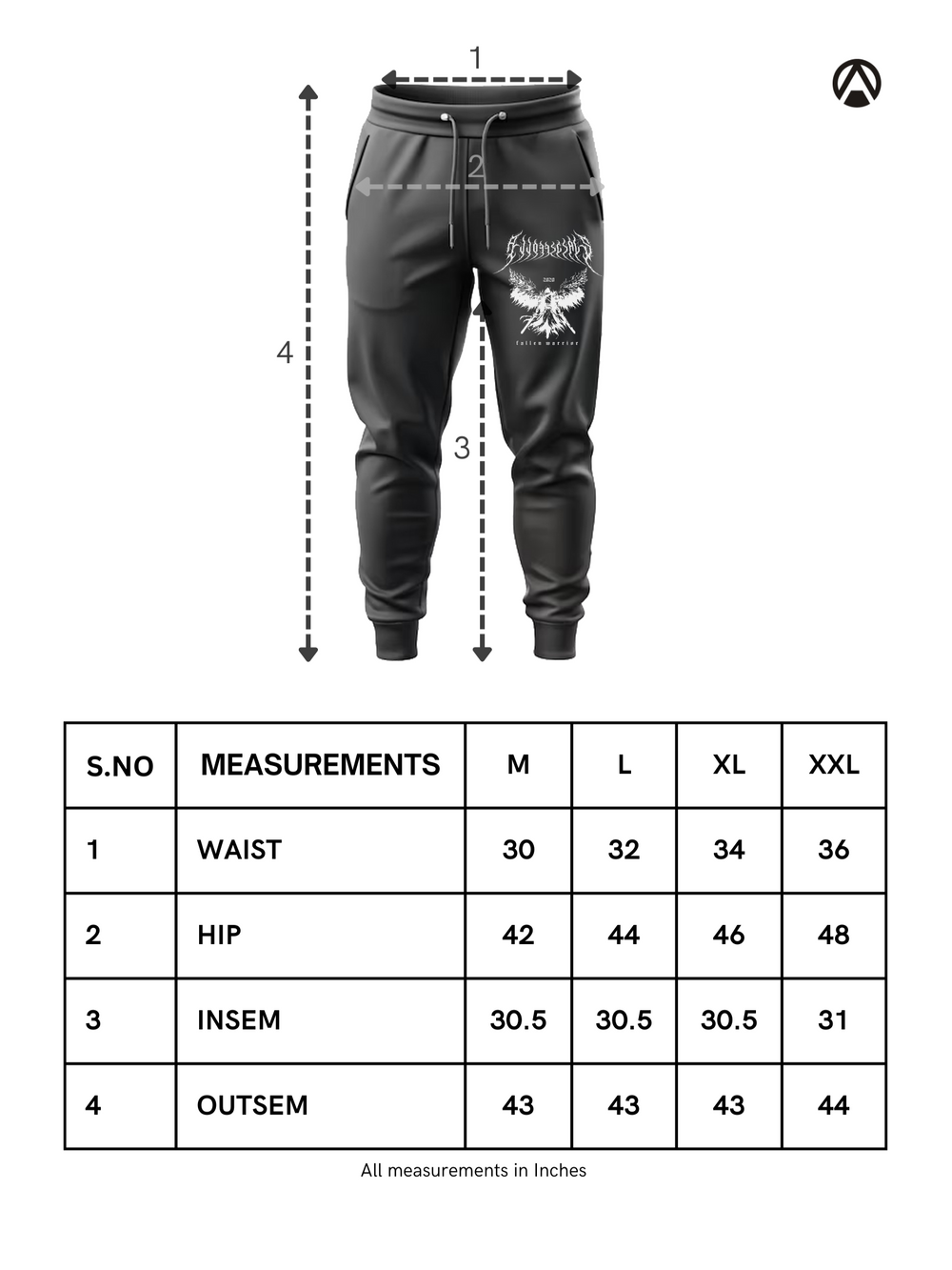 Size Chart for Limited Warrior Joggers Black