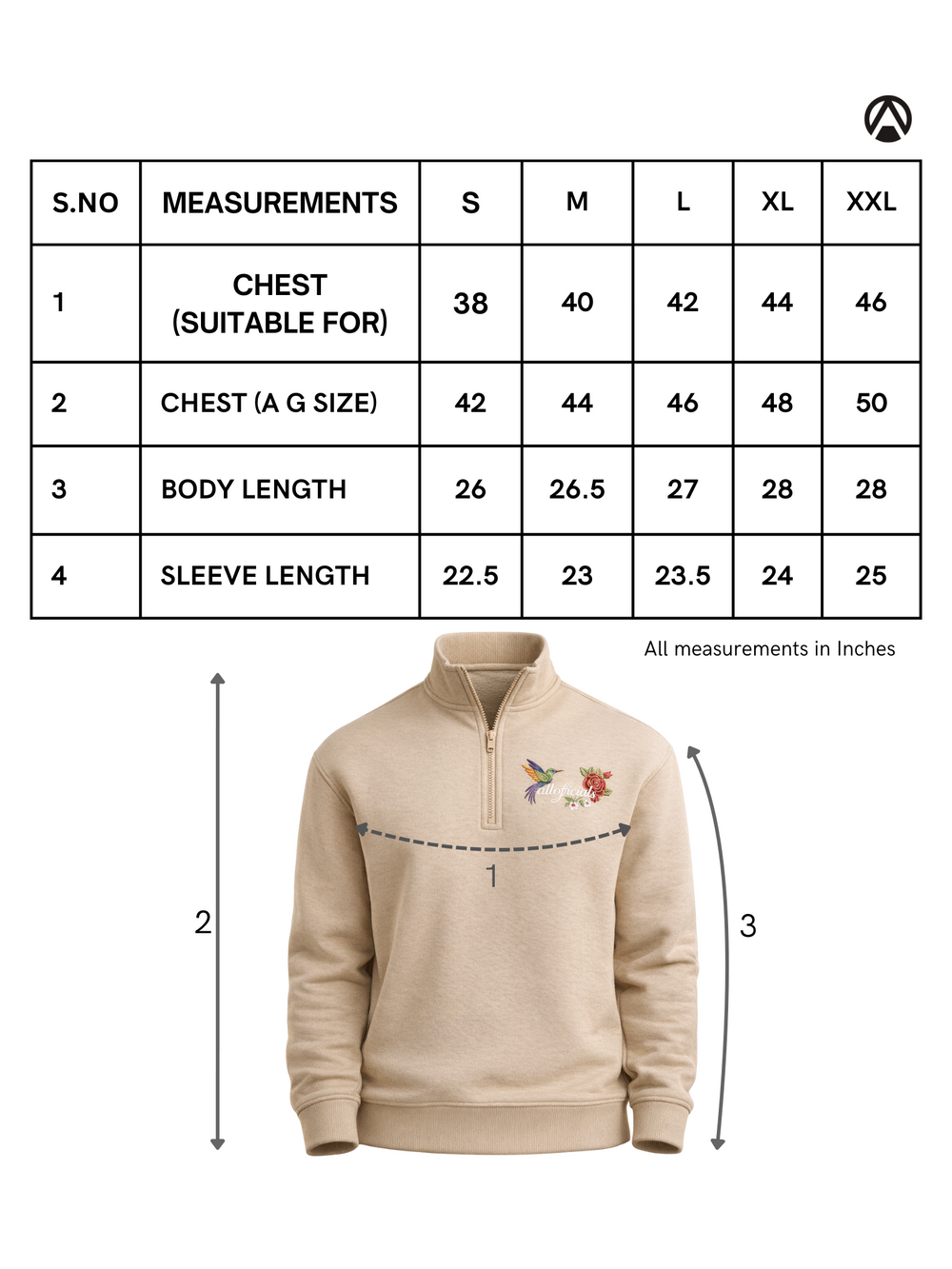 Size Chart for ESSENCE Quarter-Zip Sweatshirt Turkish Coffee