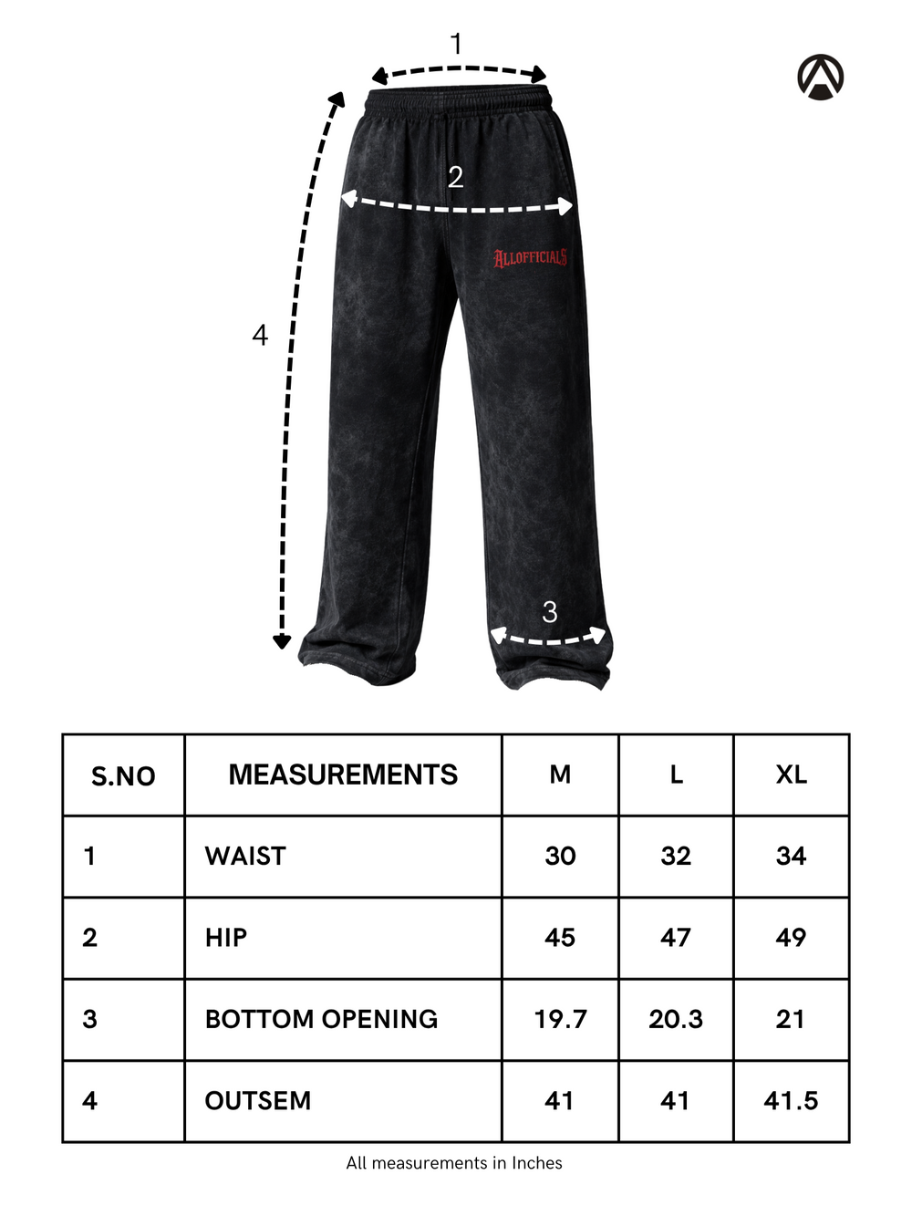 Size Chart for Revenge Washed Baggy Pants