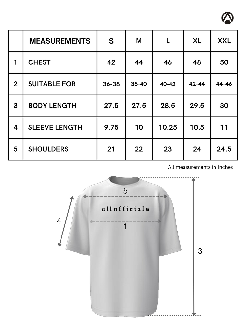 Size Chart for Limited Edition Warrior Oversize Tee