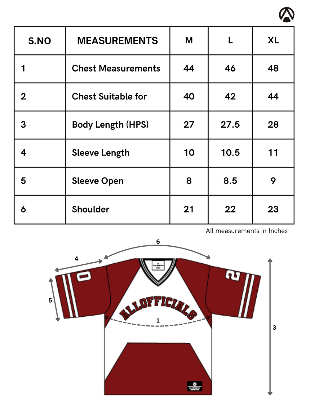 Size Chart for Athletic Mesh Jersey Black