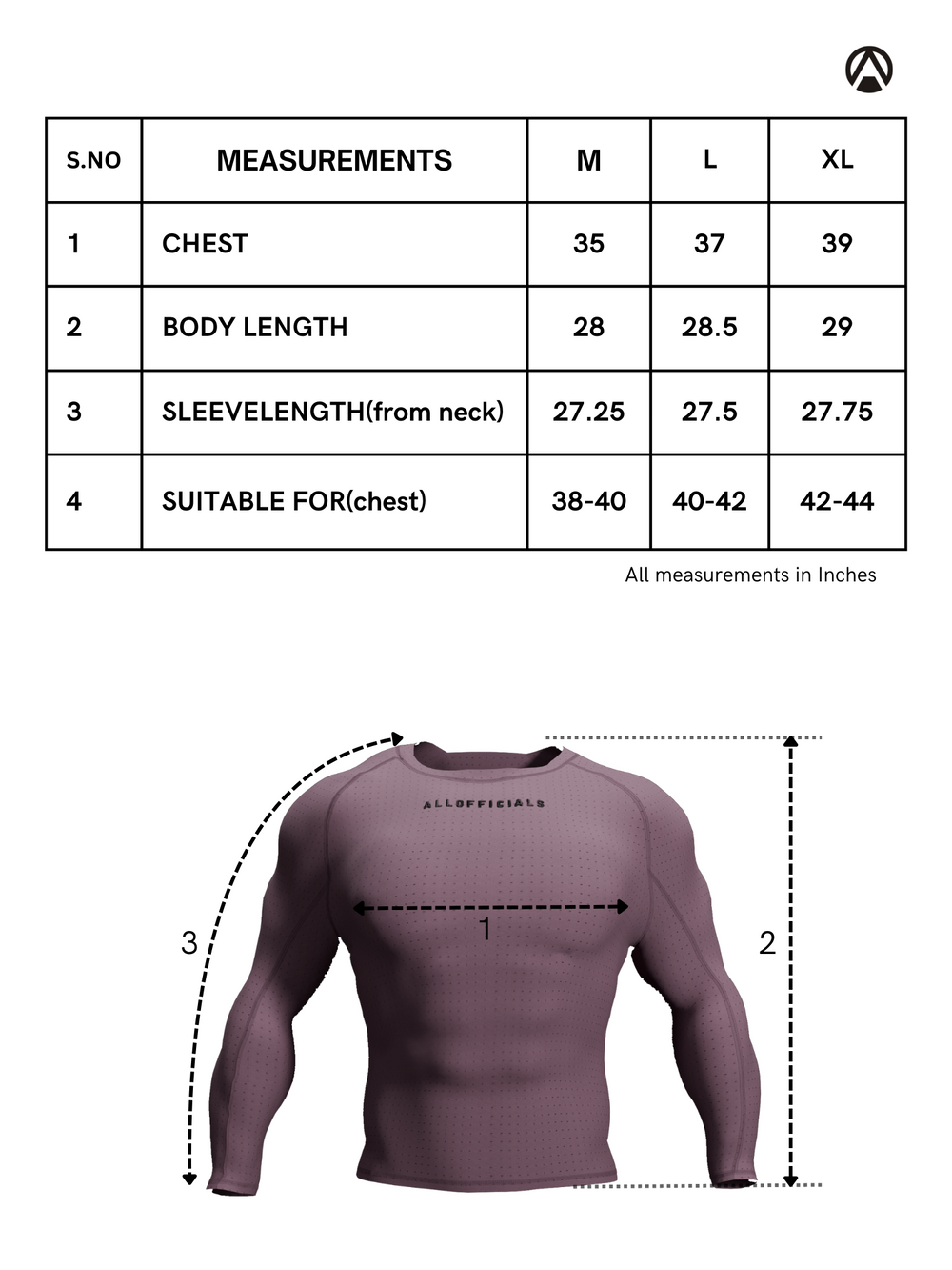 Size Chart for N1 Compression T-Shirt Long Sleeve