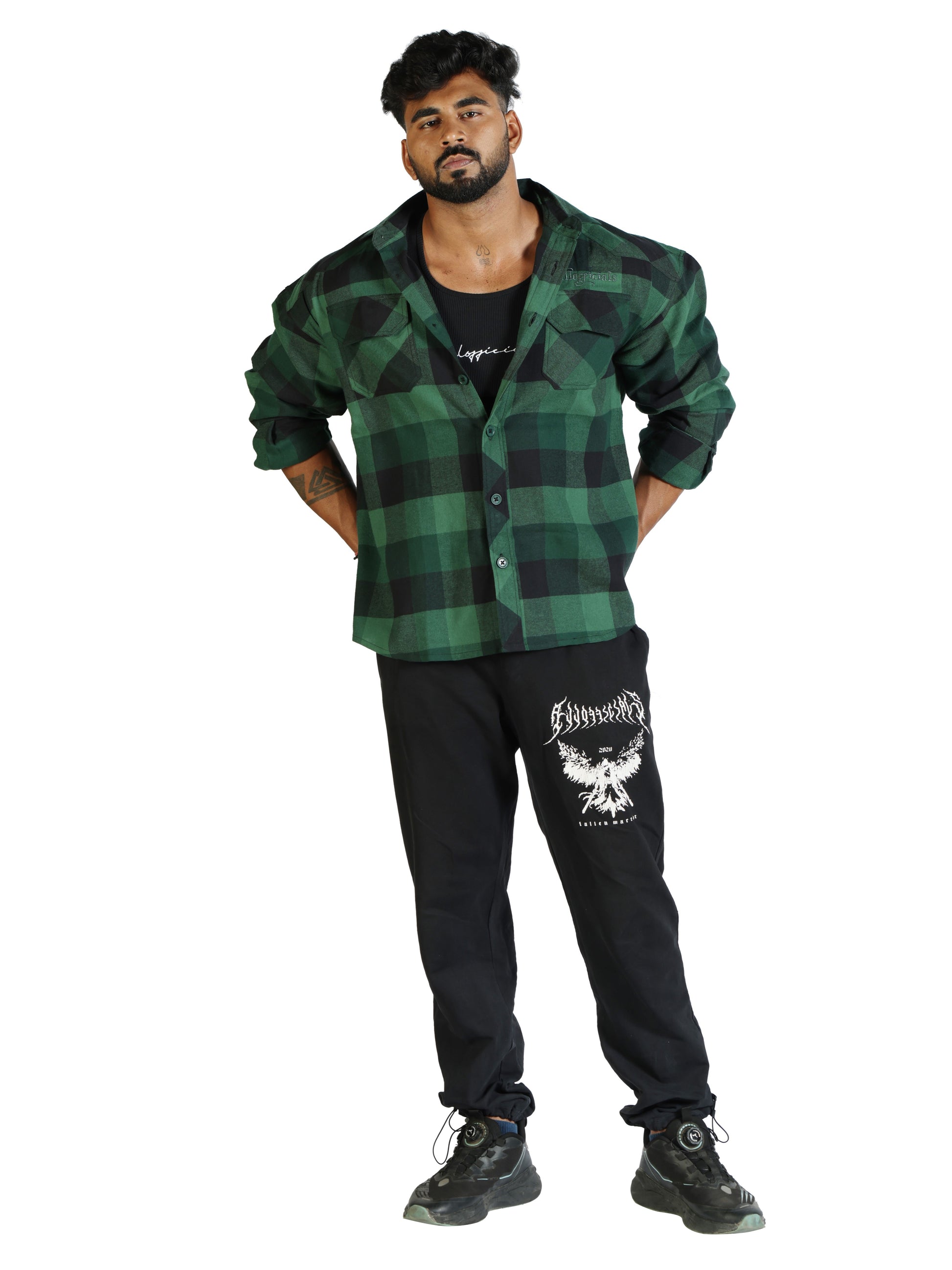 Unisex Oversized Flannel Shirt Green back front  close view