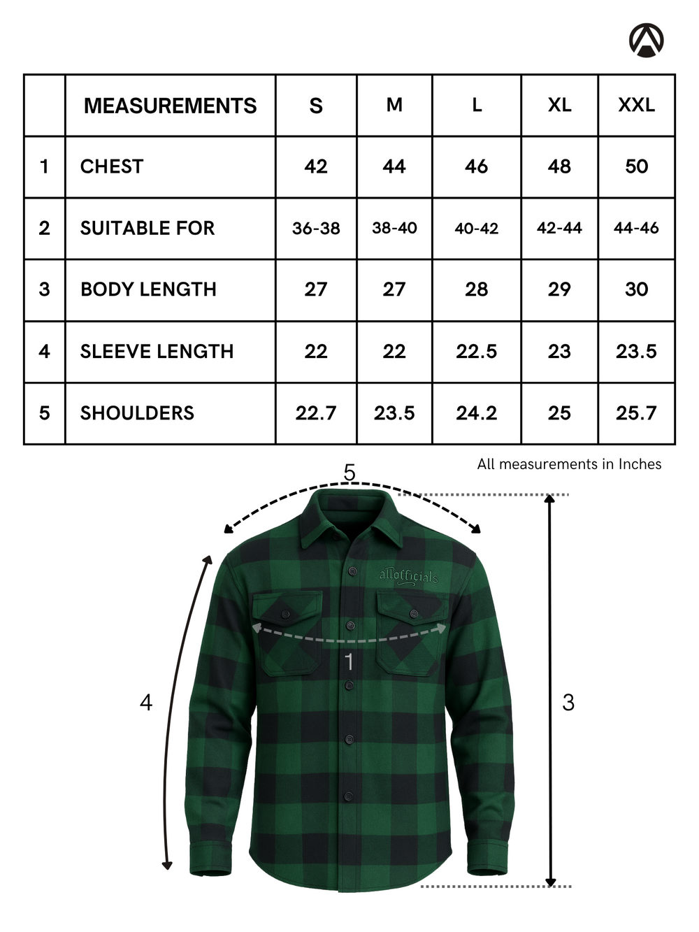 Size Chart for Unisex Oversized Flannel Shirt