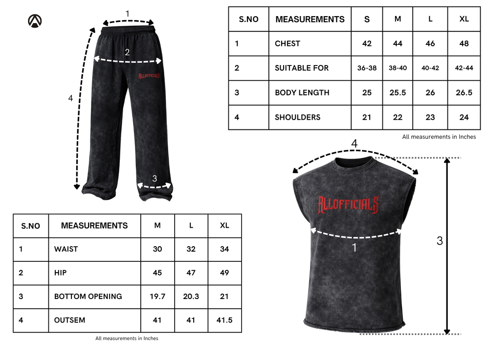 Size Chart for Revenge Washed Collection Grey